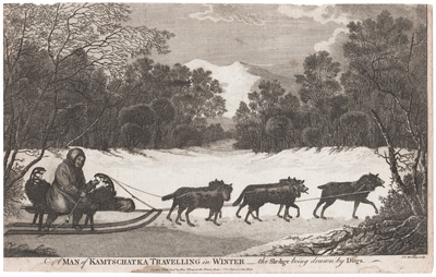 A Man of Kamtschatka Travelling in Winter _ the Sledge being drawn by Dogs